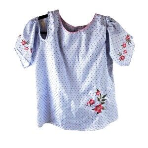 Cupio Top Women's Sz M Blue Polka Dot Blouse w Flower Embroidery